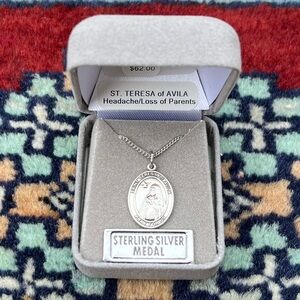 St. Teresa of Avila Sterling Silver Oval Religious Medal Necklace 18” Curb Chain